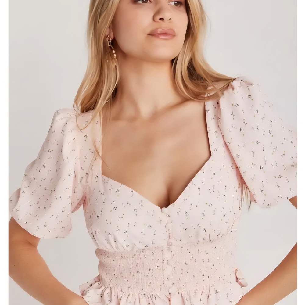 Backyard Roses Pink Daisy Floral Print Coquette Milkmaid Babydoll Puffy Sleeves